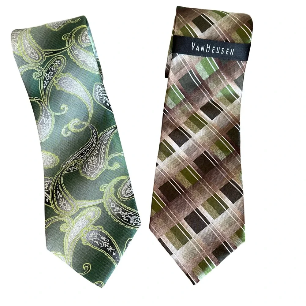 NWT New! Van Heusen Mens 100% Silk Ties - Green Paisley & Brown Plaid Set 2 ties